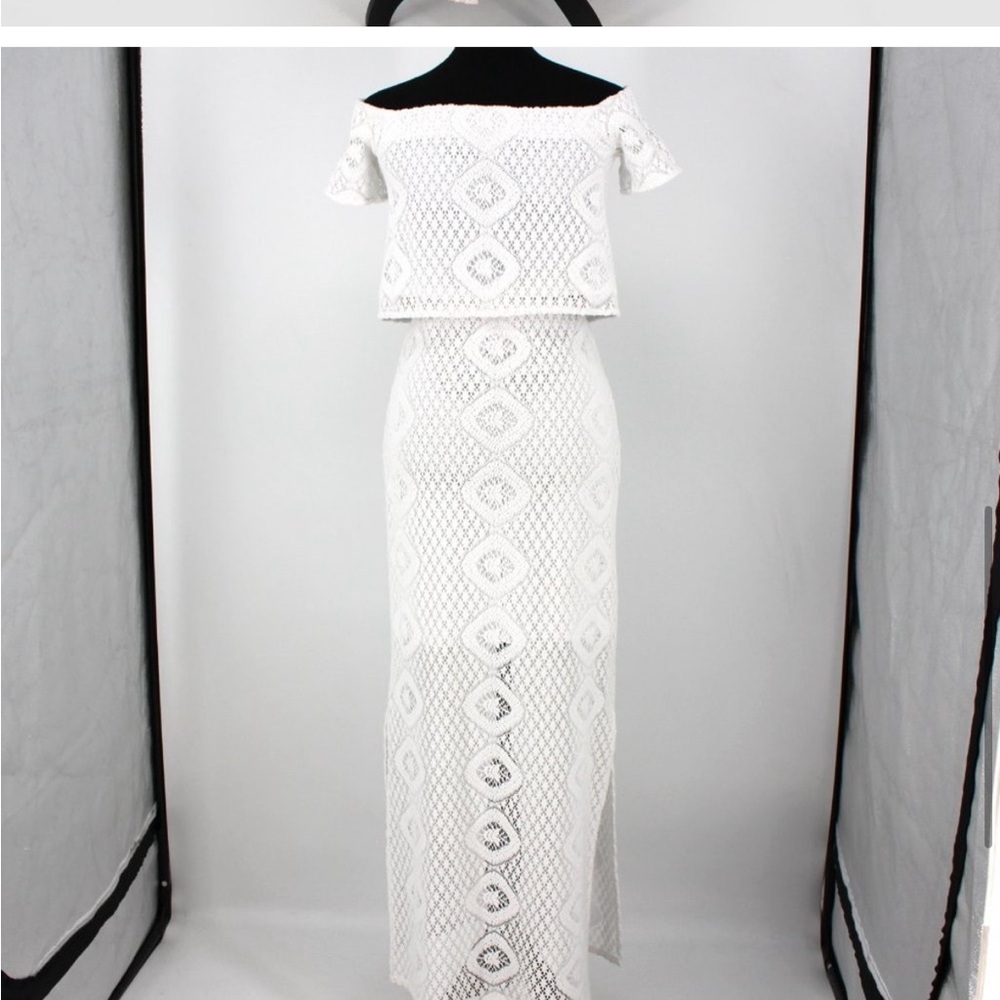 Lilly Pulitzer Reema 2 Pc Set White Crochet Off Shoulder Crop Top Maxi Skirt XXS